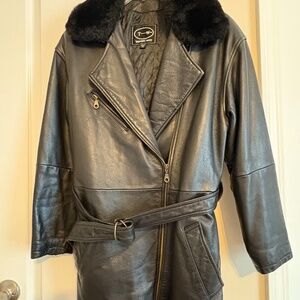 Black leather coat with belt